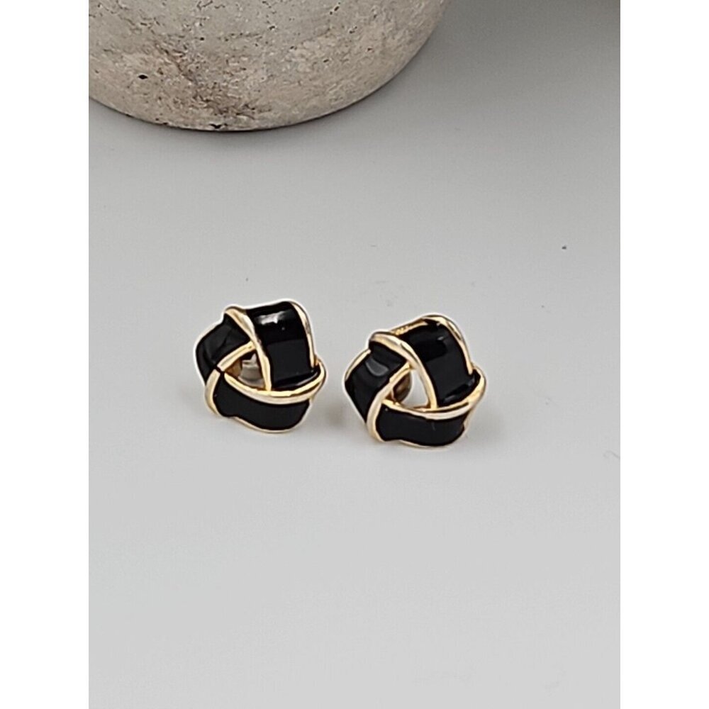 Vintage Goldone‎ Black Enamel Knot Stud Post Earrings